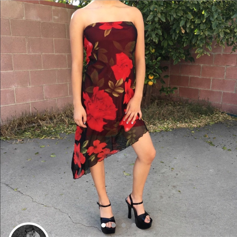 Vintage rose strapless midi sheer floral dress